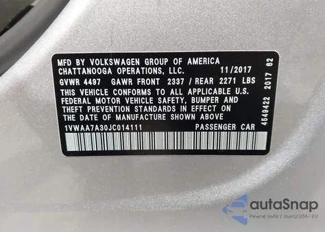 2018 Volkswagen Passat 2.0T R-Line/2.0T S z USA, uszkodzony, nr VIN 1VWAA7A30JC014111